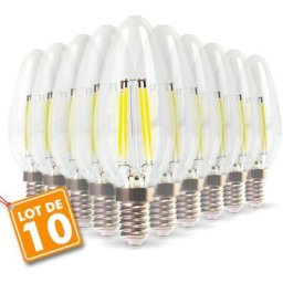 Lot de 10 Ampoules led E14 Flamme Filament 6w Eq 60W blanc chaud 2700K