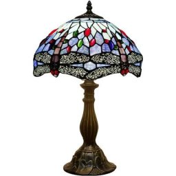 Lampe de table, Tiffany lampe de table en verre coloré bleu libellule lampe de lit 12x12x18