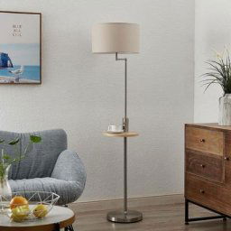 Lampadaire Tissu avec une connexion USB 'Zinia' en métal pour salon & salle à manger - nickel