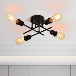 Plafonnier semi-encastré industriel à 4 ampoules Chadelier noir rustique avec base E27, luminaire