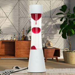 Licht-erlebnisse - Lampe magma ringo au design rétro blanc avec cire rouge et liquide clair H:39 cm