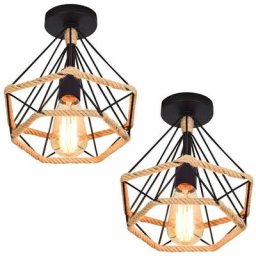Stoex - 2x Plafonnier Industrielle Cage en forme Diamant Ø25cm en Métal Lustre Vintage avec Corde