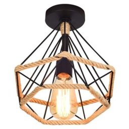Plafonnier Industrielle Cage en forme Diamant Ø25cm en Métal Lustre Vintage avec Corde de Chanvre