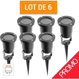 Pack Promo 6 Spots extérieurs piquets 230V ronds douille GU10 - IP65 - 35W Max. - Finition noire