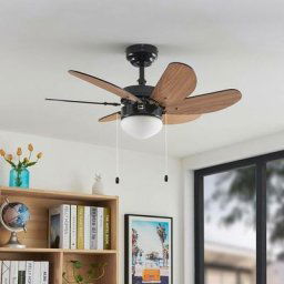 Ventilateur de plafond avec lampe 'Minja' en métal pour salon & salle à manger - noir, bois clair