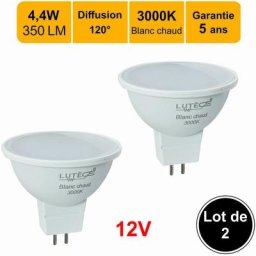 Lot de 2 ampoules LED GU5.3 (MR16) 12V 4,4W - 120° - 350Lm 3000K - garantie 5 ans