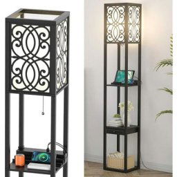 Lampadaire Salon sur Pied avec 1 Tiroir, 2 Ports de usb, Lampadaire Étagère usb 160cm à 3 Étagères,