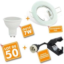 Lot de 50 Spot LED encastrable complet Blanc Fixe avec Ampoule GU10 7W Température de Couleur: