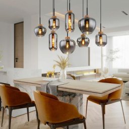 Suspension lampe suspension lampe de table à manger, 8 flammes, rétro verre fumé métal noir chanvre