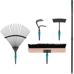 Vonroc - Lot d'outils de jardinage 4-en-1 système V-Fix avec râteau à feuilles, balai, binette et