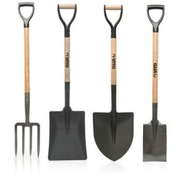 Pack 4 outils de jardin Vito Acier Haute qualité Manche en Bois Poignée ergonomique Fourche + Pelle