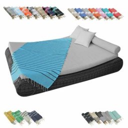 Véritable fouta Tunisienne 1m x 2m tissage à plat 100% coton 380g - Horizon - Bleu Turquoise et