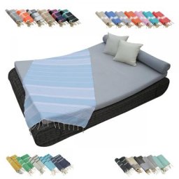 Véritable fouta Tunisienne 1m x 2m tissage à plat ou nid d'abeille 100% coton 380g - Bleu Ciel et