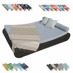 Véritable fouta Tunisienne 1m x 2m tissage à plat ou nid d'abeille 100% coton 380g - Beige et blanc