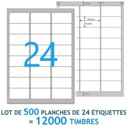 Lot de 500 Planches A4 de 24 étiquettes multi-usages 6,35 x 3,39 cm - spéciales timbre