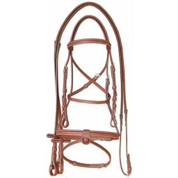 Pony, Cognac: Bridon anglais en cuir, face avant avec surpiqûres blanches, complet avec rênes en
