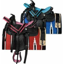 12= 30.5 cm, Turquoise: Selle western taille poney en simili-cuir avec finition pleine fleur
