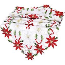 Chemin de table brodé de Noël - Poinsettia et houx - Pour décorations de Noël - Linge de table pour