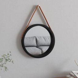 Miroir mural Miroir déco pour Salle de bain Salon Chambre ou Dressing avec sangle Noir ø 35 cm 46335