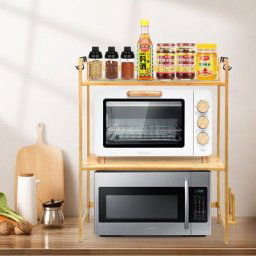 Support de Four à Micro-Ondes en Bambou à 2 Niveaux Double Étagère Rangement Cuisine avec Clips de