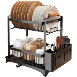 Goutoire Vaisselle Cuisine 2 Niveaux, Support à Couverts avec Égouttoir, Noir