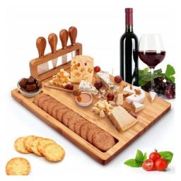 Planche à fromage, plateau de service avec 4 couteaux en acier inoxydable, planche à charcuterie en