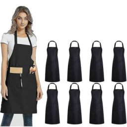 Lot de 8 tabliers à bavette unis avec 2 poches - Noir Tablier commercial unisexe en vrac