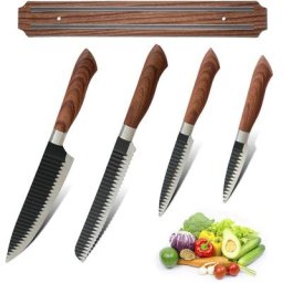 Set 4 Couteaux de Cuisine inox : Chef,à Pain, à Légumes, d'Office - Lames Antiadhésives + Support