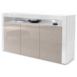 Buffet Commode Dressoir Crédence Valencia Blanc, haute brillance & tons naturels - Gris sable haute