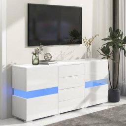 Buffet Salon Bahut avec Lumière led, Meuble tv Moderne 2 Portes 4 Tiroirs Brilliantes, Commode