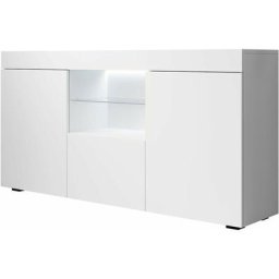 Buffet de salon bas 3 portes avec LED bleue 135 x 72 x 34 cm Couleur Blanc Finition Mat Meuble de