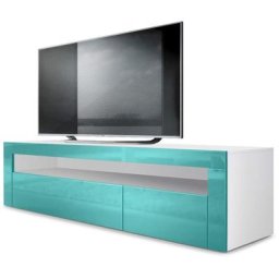 Armoire basse Meuble tv Valencia en Blanc mat - haute brillance & tons naturels - Turquoise /