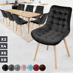 Chaise de Salle à Manger en Velours - Lot de 8, Pieds en Bois Hêtre, Style Rétro, Noir - Chaise