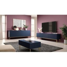 Salon complet Bobochic Ensemble kasha avec Meuble tv 200 cm + Buffet 4 portes 200 cm pieds or Bleu