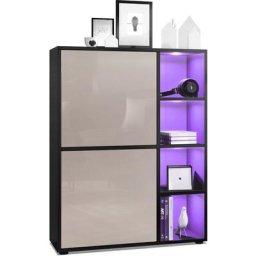 Vladon Buffet haut Armoire Cabinet Commode Cuba Noir mat - haute brillance - Portes en Gris sable