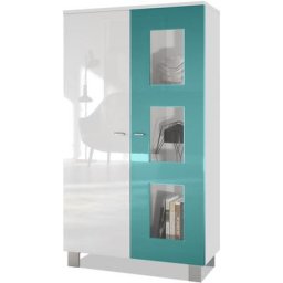 Vladon Vitrine Armoire haute Commode Denjo en Blanc mat - haute brillance - Porte en Turquoise