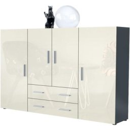 Vladon - Buffet haut Commode Nora Anthracite mat en Décor Naturel - Haute brillance - Portes en