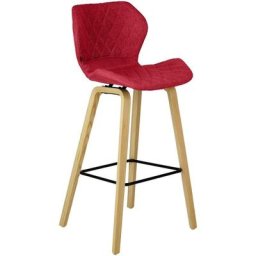 CLP - Tabouret de bar Austin en tissu avec pieds en bois et repose-pieds en métal rouge