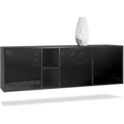 Vladon Buffet Commode Dressoir Crédence LED Cuba Noir mat - Haute brillance - Portes en Noir laqué