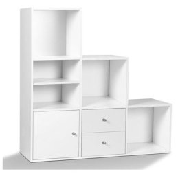 Meuble de rangement en escalier liam 3 niveaux bois blanc avec porte et tiroirs - Blanc