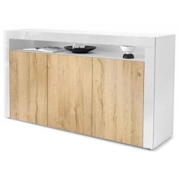 Buffet Commode Dressoir Crédence Valencia Blanc, haute brillance & tons naturels - Chêne Nature/