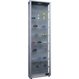 Edana Maxi Vitrine en verre, 1 porte vitrée, lumière led, 8 Étagères en verre, couleur argent.