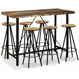 Ensemble Table + 6 Tabourets de bar | Table haute et bar Bois massif recyclé 14137 - Brun
