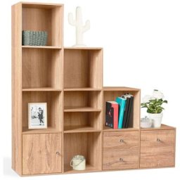 Meuble de rangement en escalier LIAM 4 niveaux bois façon hêtre avec porte et tiroirs - Naturel