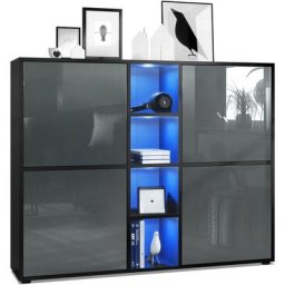 Buffet haut Armoire Cabinet Commode Cuba V3 Noir mat - haute brillance - Portes en Gris laqué haute