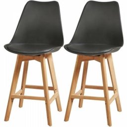 BJORN Lot de 2 tabourets de comptoir pieds en bois hetre massif - Revetement simili noir