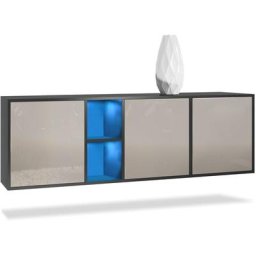 Buffet Commode Dressoir Crédence led Cuba Noir mat - Haute brillance - Portes en Gris sable laqué