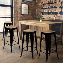 Lot de 4 tabourets de bar leny métal noir mat assise bois empilable aspect brut factory - Noir