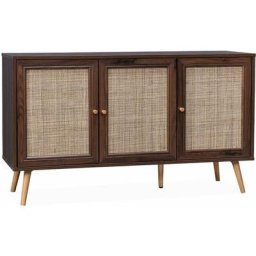 Alice's Garden - Buffet de rangement en cannage 120x39x70cm - Bohème - 2 niveaux, 3 portes, pieds