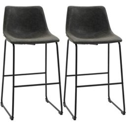 Lot de 2 tabourets de bar Vintage - piètement repose-pied acier noir - assise dossier pu tissu gris